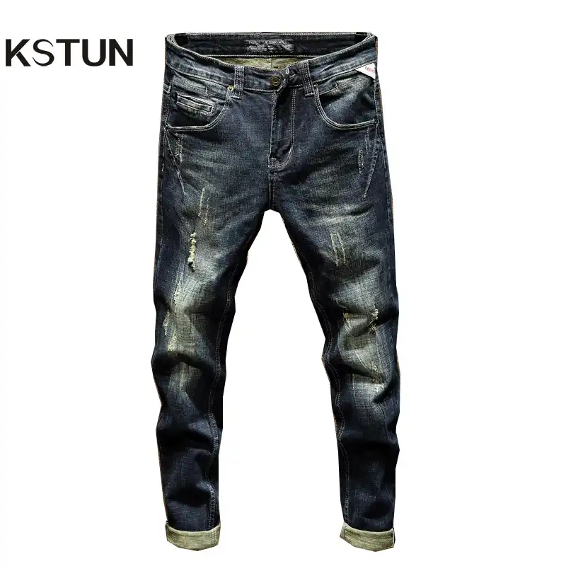 Ripped Jeans For Men Slim Fit Spring And Autumn Dark Blue Stretch Hip Hop Streetwear Frayed Distressed Punk Jeans Guinness Man Jeans Aliexpress