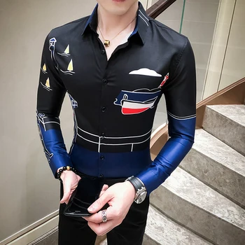 

Mens Shirts Navy Print Shirts For Men Button-down Stretch Clothing Slim Shirts Men Black Dress Party