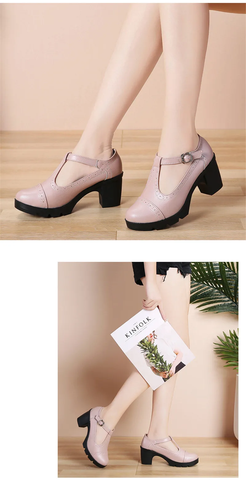 Size 34-43 Pumps Women's Shoes Buckle T-Strap Leather Oxfords Shoes Mary Jane Retro Mid-Heel Ladies Platform Single Pumps Shoes (23)