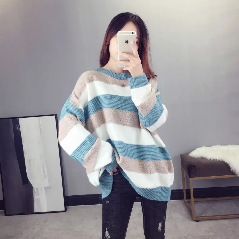 

2019 Fashion Autumn Winter Women Pullover sweaters Casual Knitted Striped Sweaters Long Sleeve Loose O-Neck Sweater pull femme