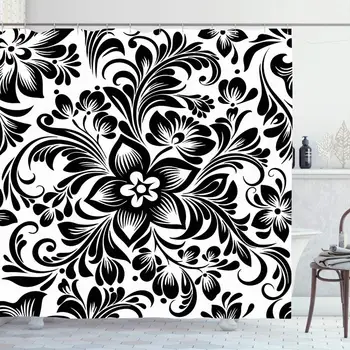 

Shower Curtain Set with Hooks 66x72 Inches Wall Hohloma Black Ukrainian White Drawing Chamomile Monochrome Pattern Abstract