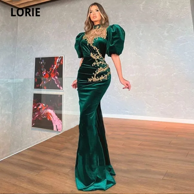 LORIE Arabic Evening Dress High Neck Appliques Gold Pleats Short Sleeves Mermaid Prom Gown Velvet Party Dresses abendkleider 1