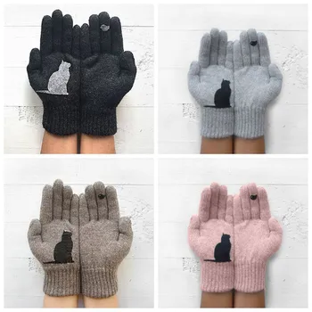 

1Pair Winter Warm Cold Cashmere Gloves Thick Cartoon Cat Print Wool Knitted Full Finger Gloves Men And Women Christmas Gloves