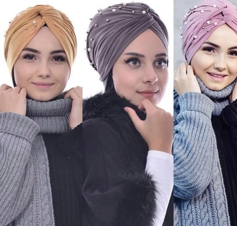 2020 Fashion Women Twist Turban Cap Muslim Beading Hijab Scarf Turbante