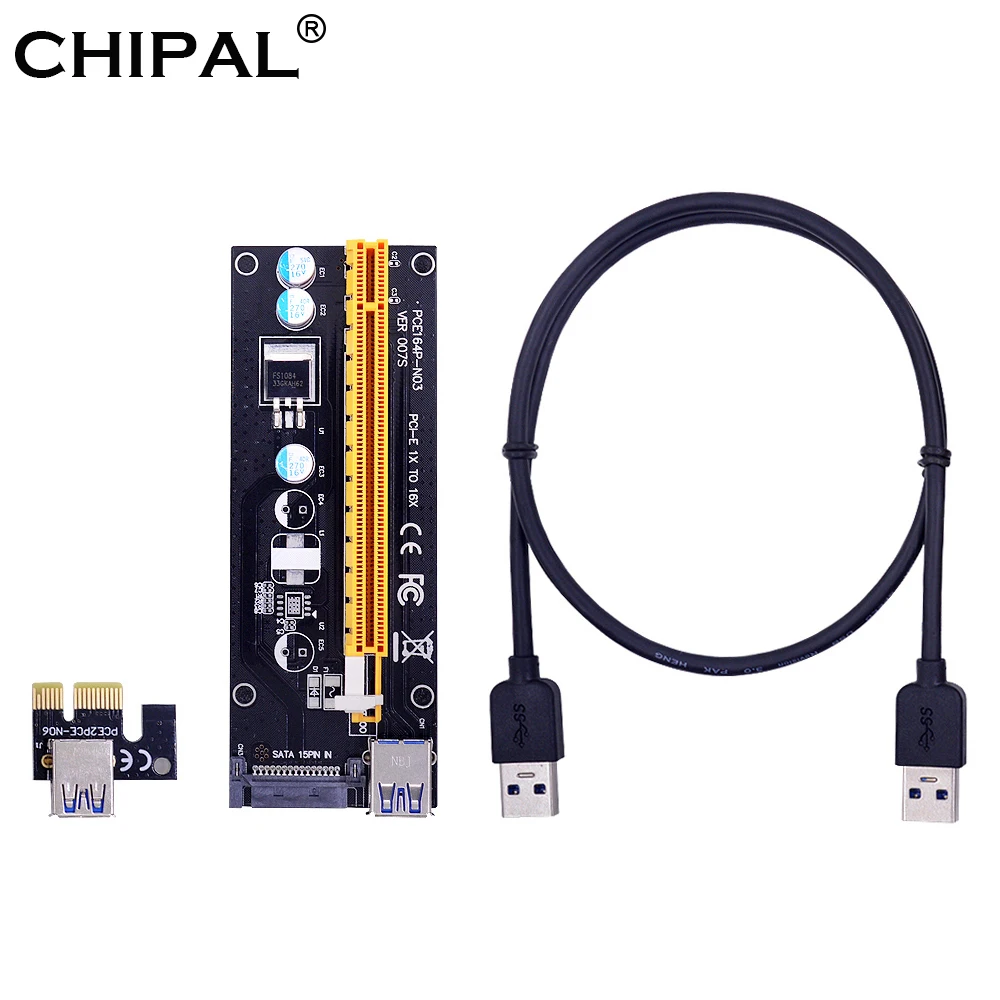 CHIPAL VER007S PCI-E Райзер-карта 007S PCIE 1X до 16X удлинитель 15 контактов SATA Power 100 см 60 см USB 3,0 кабель для майнинга BTC LTC CHIPAL VER007S PCI-E Райзер-карта 007S PCIE 1X до 16X удлинитель 15 контактов SATA Power 100 см 60 см USB 3,0 кабель для майнинга BTC LTC