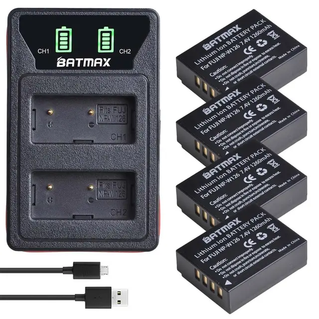 Batmax NP-W126 NP-W126S Battery+LED Dual USB Charger&Type C Port for Fujifilm HS30EXR HS33EXR X-Pro1 X-E1 X-E2 X-A1 X-A2 X-T20 4B with charger