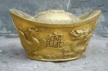 

China brass carved finely dragon phoenix storage Yuanbao sculpture statue