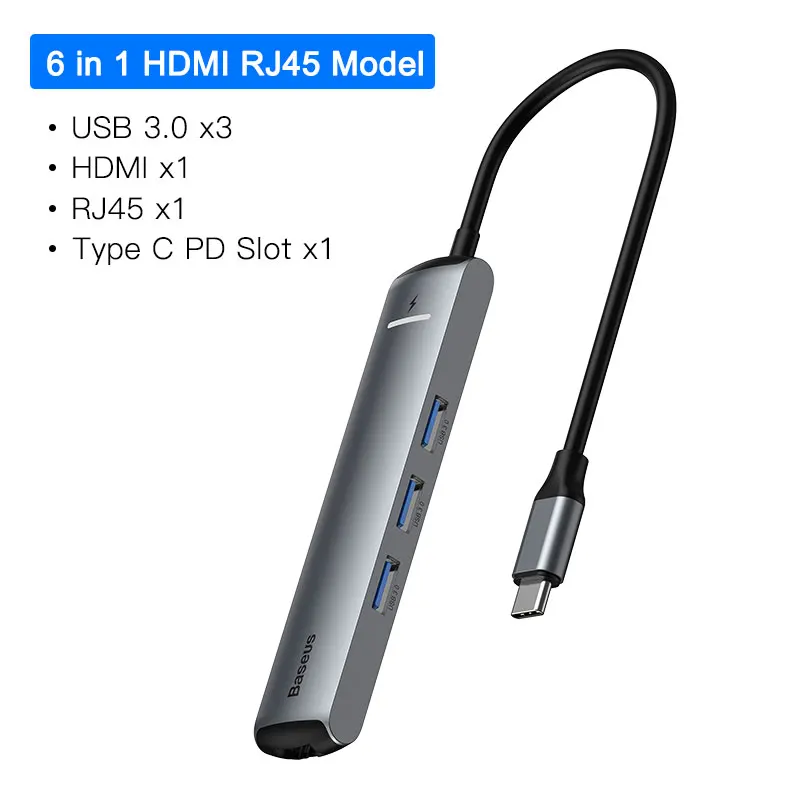 Baseus USB C концентратор USB для мульти HDMI USB 3,0 RJ45 Кардер ридер OTG адаптер USB разветвитель для MacBook Pro Air USB док-станция type C концентратор - Цвет: 6 in 1 HDMI RJ45 HUB