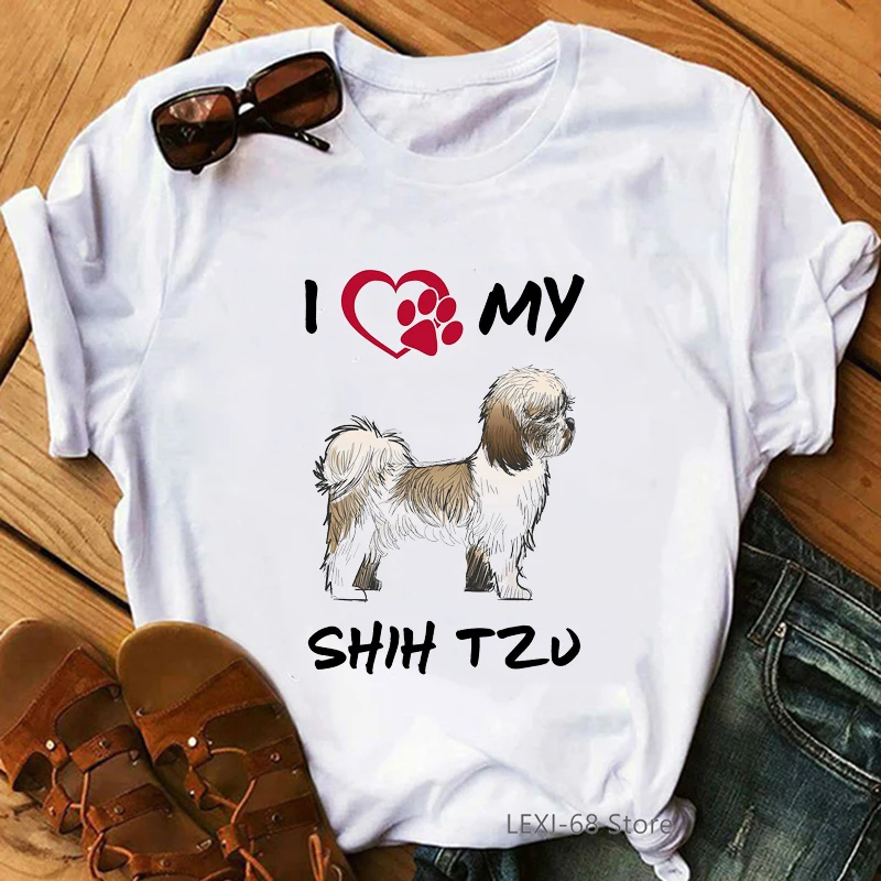 Shih Tzu Adorable Puppy Dog Graphic Print T-Shirt Women Clothes 2024 Funny Dog Mom Tshirt Femme Summer Fashion T Shirt Female