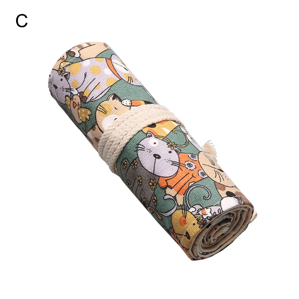 Cute Cartoon Cat School Pencil Case Canvas Penalty 36/48/72 Holes Roll Pencilcase Large Pen Pencil Bag Office Supplies