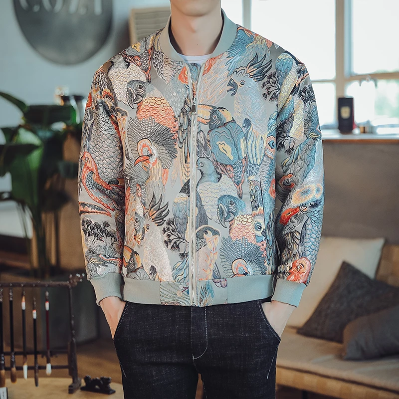 JK89TurquoiseParrot Осенняя куртка, утолщенная винтажная Мужская куртка, Chaquetas Hombre Corta Vientos Hombre Ropa Hombre, Свободное пальто с вышивкой животных - Цвет: JK89TurquoiseParrot