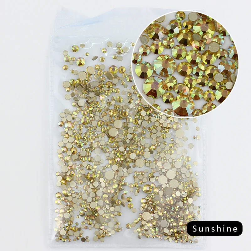 Sunshine Все цвета, разные размеры, без горячей фиксации, с плоской задней частью, прозрачные Стразы AB для дизайна ногтей, стразы для 3D украшения ногтей, блестки - Цвет: Sunshine