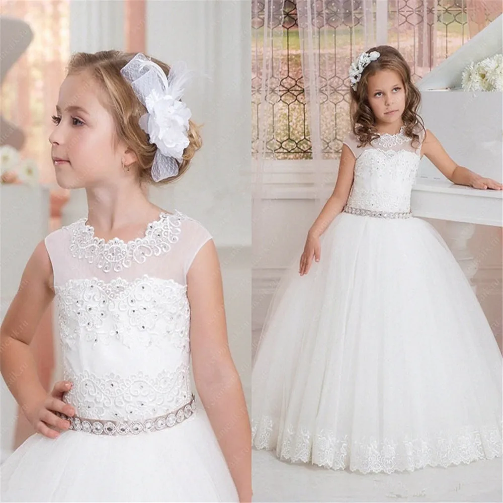 

Gorgeous Flower Girl Dress White Lace Applique Beadwork Sleeveless Elegant Birthday Party Girls Pageant Holy Communion Dresses