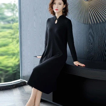 

2019 Autumn Joker Dress Woman Long Sleeve Self-cultivation Skinny Temperament Mandarin Collar Knitting Pullover