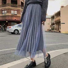 Новинка, модные черные юбки для женщин, Ретро стиль, плиссированная сетка, золото, бархат, блестки, Женская юбка миди, юбка для отдыха, подарок