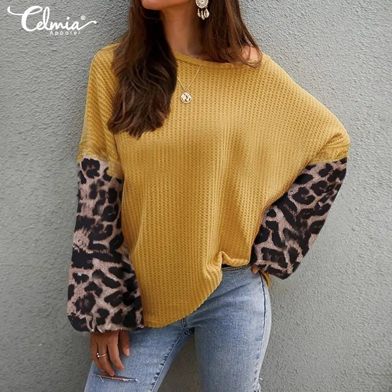 

Celmia Women Leopard Print Blouse Patchwork Tunic Tops Long Lantern Sleeve Casual Elegant Office Shirts Loose Knitted Blusas 5XL