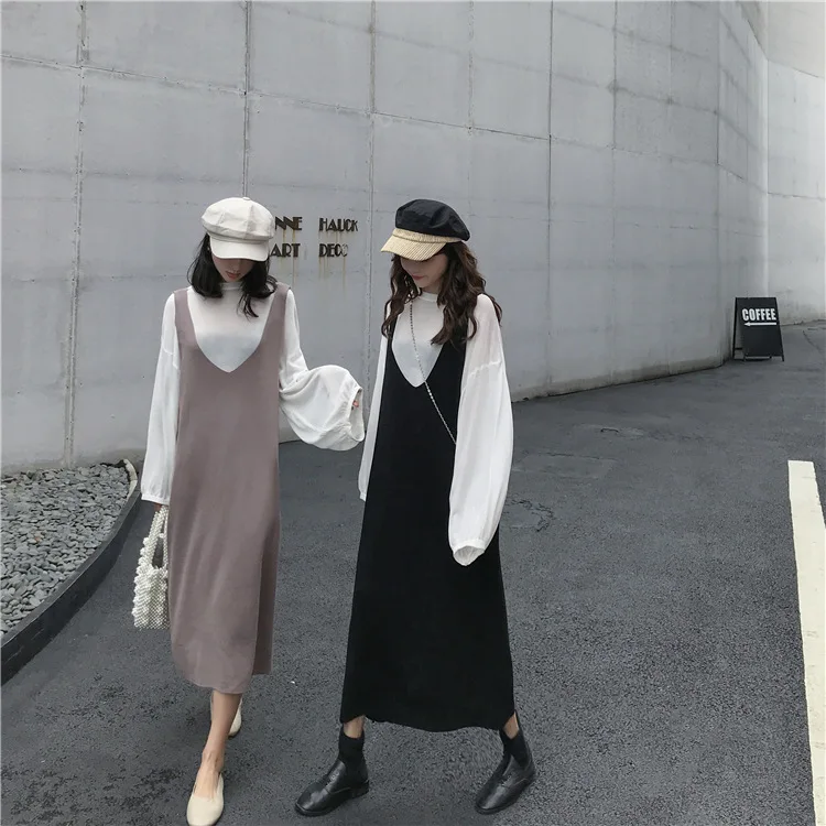 

Loose-Fit Knit V-neck Vest Dress + Thin Sun Shirt Set
