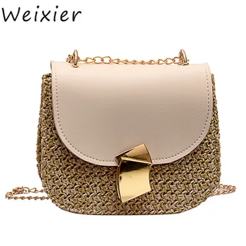 

WEIXIER Chains Straw Bags Women Messenger Bag Bali Rattan Bags Beach Small Flap for Women Semicircle Rattan Shoulder Bag LW-63