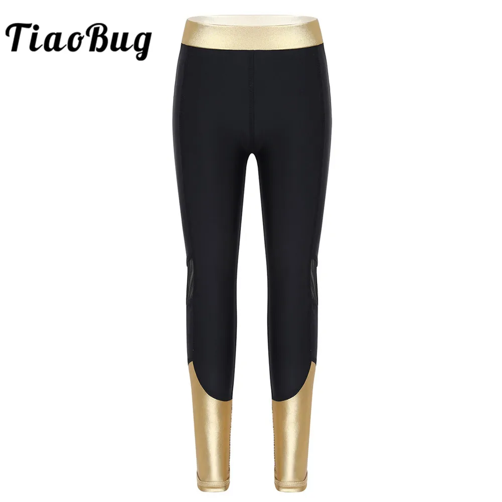 

TiaoBug Kids Girls Metallic Elastic Waist Mesh Splice Sports Dance Pants Ballet Tights Gymnastics Leggings Yoga Workout Trousers