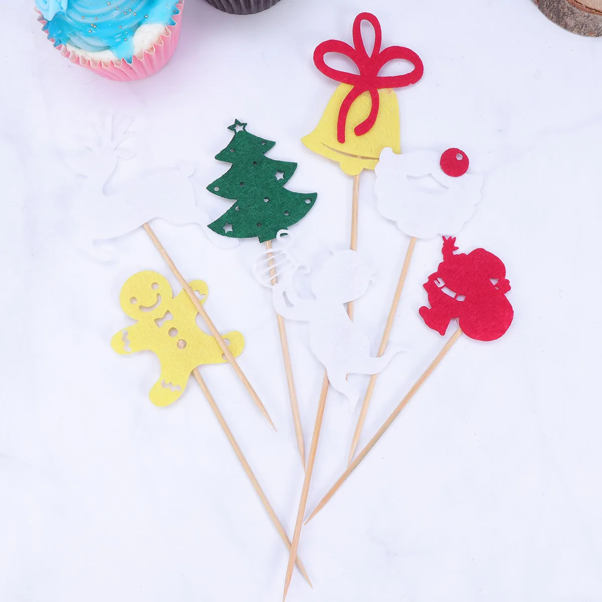6pcs Christmas Santa Claus Cake Topper Cute Tree Snowman Bell Deer Baby Cupcake Toppers Fruit Food Picks Xmas Party Decorations