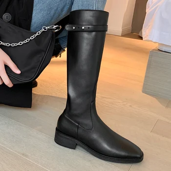 

Womens Genuine Leather Riding Boots 2020 Winter Warm Fashion Zip Up Knee-high Long Boots Black Brown Mid Calf Boots Ladies Shoes