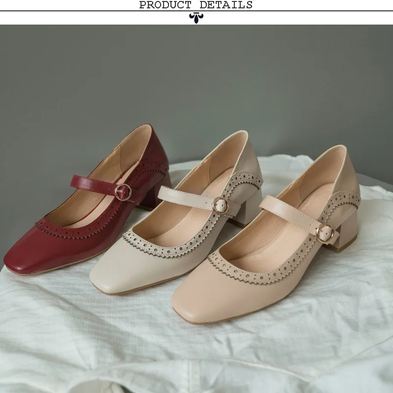 EGONERY, весенние новые модные женские туфли-лодочки женские туфли из натуральной кожи на среднем каблуке с пряжкой и квадратным носком Прямая поставка, размер 34-39