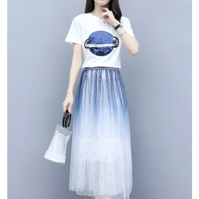 

2019 Summer WOMEN'S Dress Very Fairy of France Non-mainstream Dress Sequin T-shirt Gradient Gauze Skirt Two-Piece Set