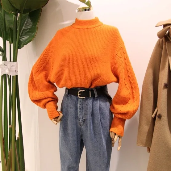 

Han 2019 Autumn Sweater New Women Vintage Small Half-height Collar Sleeve Lantern Sleeve Sweater Pullovers O-Neck Clothes Women