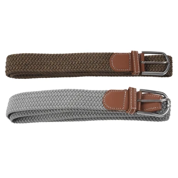 

2Pcs Men Leather Braided Elastic Stretch Metal Buckle Belt Waistband Light Gray & Dark Khaki