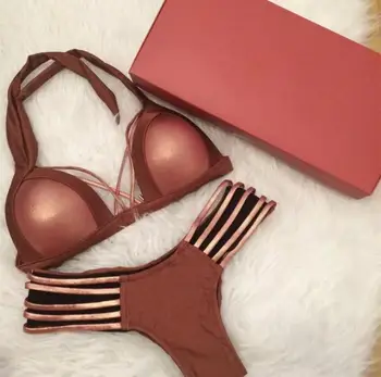 

Ladies Sexy Bronzing Stitching Bikini Split Swimwear Cotton Strip Underwire With Chest Pad