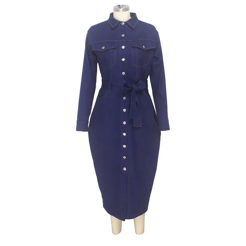Adogirl XL-4XL размера плюс женское джинсовое платье пуговицы отложной воротник длинный рукав карманы бодикон миди повседневные платья с поясом