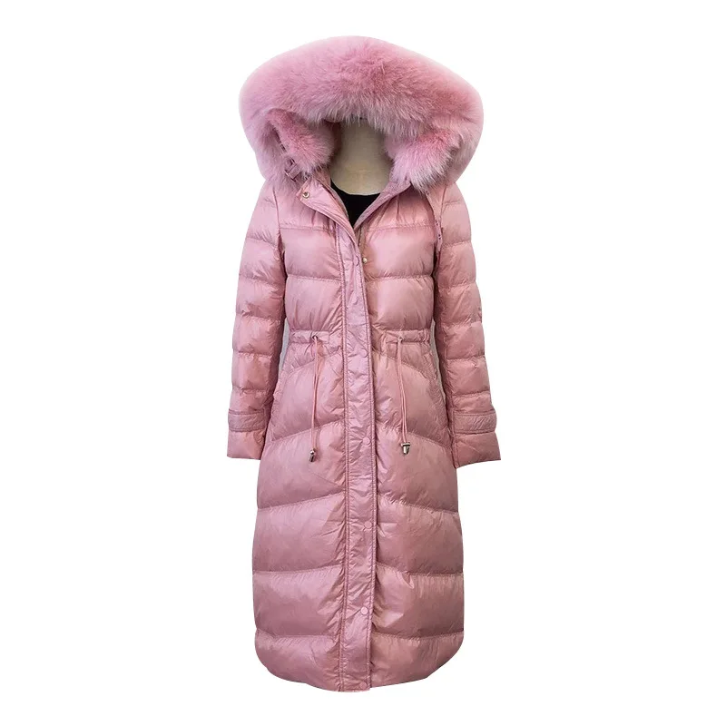 

Women Down Cotton Coat Long Hooded Fur Collar Elastic Waist Slim Jacket Winter Thicken Warm Outerwear White Goose Down Parkas
