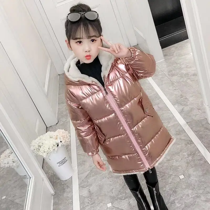 Comprar Chaqueta larga brillante de tejido dorado rosa de invierno para niñas con capucha cálida y brillante de algodón para niños abrigos Parkas para niños