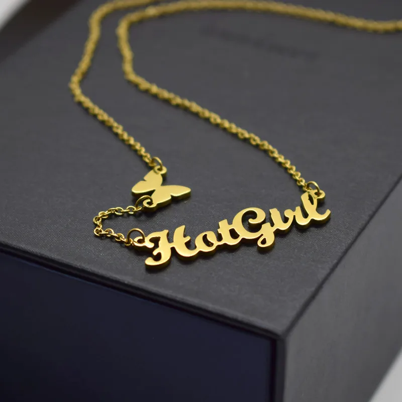 Stainless Steel Gold Cursive Hotgirl With Butterfly Necklace For Women Kids Jewelry Choker Best Friend Birthday Gift | Украшения и