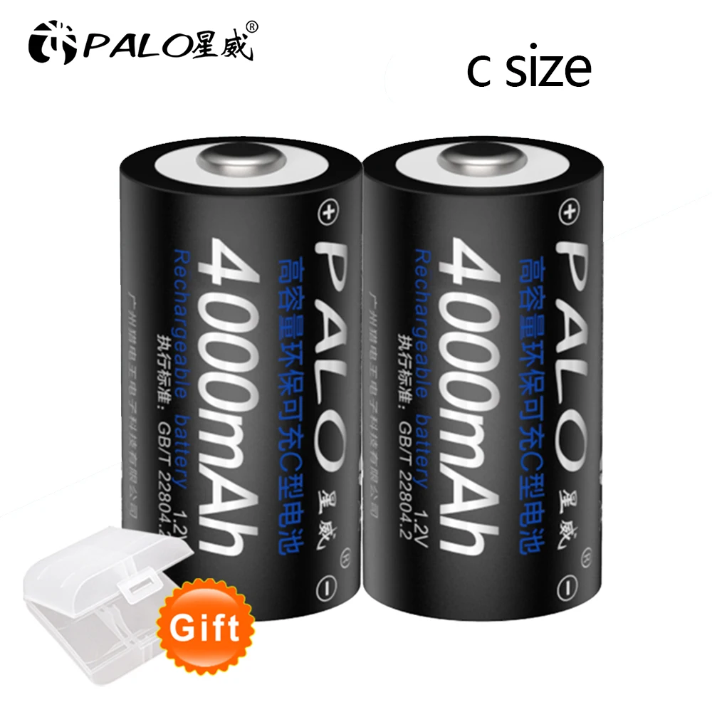 

PALO 2pcs C size rechargeable battery type C 1.2V 4000mAh NI-MH nimh ni mh high capacity current batteries