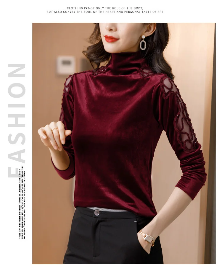 New 2020 Autumn winter woman tshirts Korean fashion slim high neck velvet t-shirt embroidered long sleeve bottoming shirt