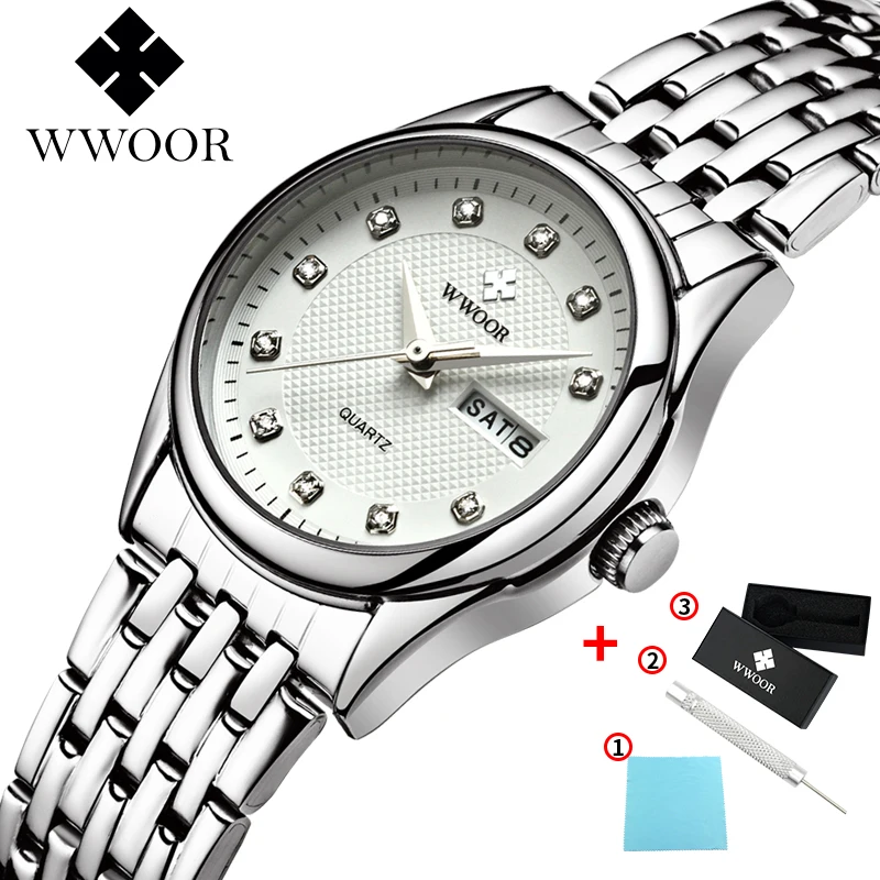 White WWOOR, новинка, модные женские часы, стразы, браслет, часы из нержавеющей стали, кварцевые женские часы, водонепроницаемые, подарки для женщин, часы - Цвет: White
