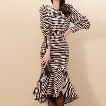 

BacklakeGirls Autumn Elegant Round Neck Bubble Long Sleeve Grid Top And Mermaid Skirt One Set Evening Dresses Long Robe Longue