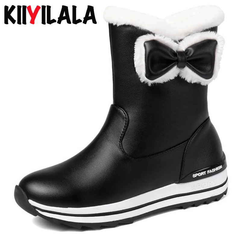 

Kiiyilala Zipper Butterfly-knot Snow Boots Women Booties Flat Heels Round Toe Warm Plush Woman Ankle Boots Winter Platform Shoes