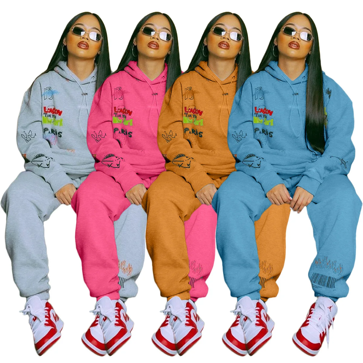 

Letter Digital Printing Drawstring Hoodie Tops & Stacked Sweatpants Jogger Women Two Piece Outfits Autumn Casual Tracksuits