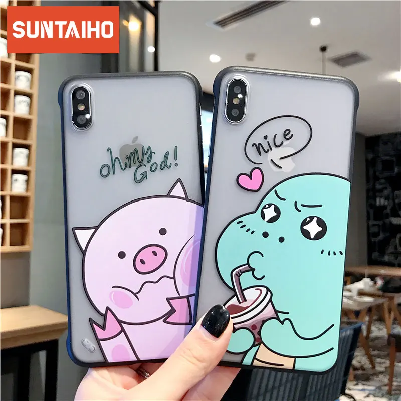 Cartoon Fun pig dinosaur Mobile Shell for iPhone 6 6s 7 8 PLUS X XS MAX XR without Borderless Phone Drop Cover |
