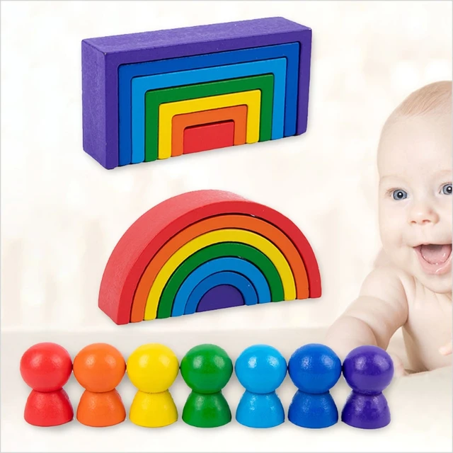Wood Rainbow Blocks Natural Wooden Toy Children Block Rainbow Toy Building Block Educational Toy Gift 2