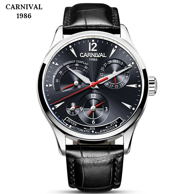 Карнавал Dual time displa спортивные автоматические механические часы для мужчин сапфировый кожаный ремешок люксовый бренд мужские часы relogio saat