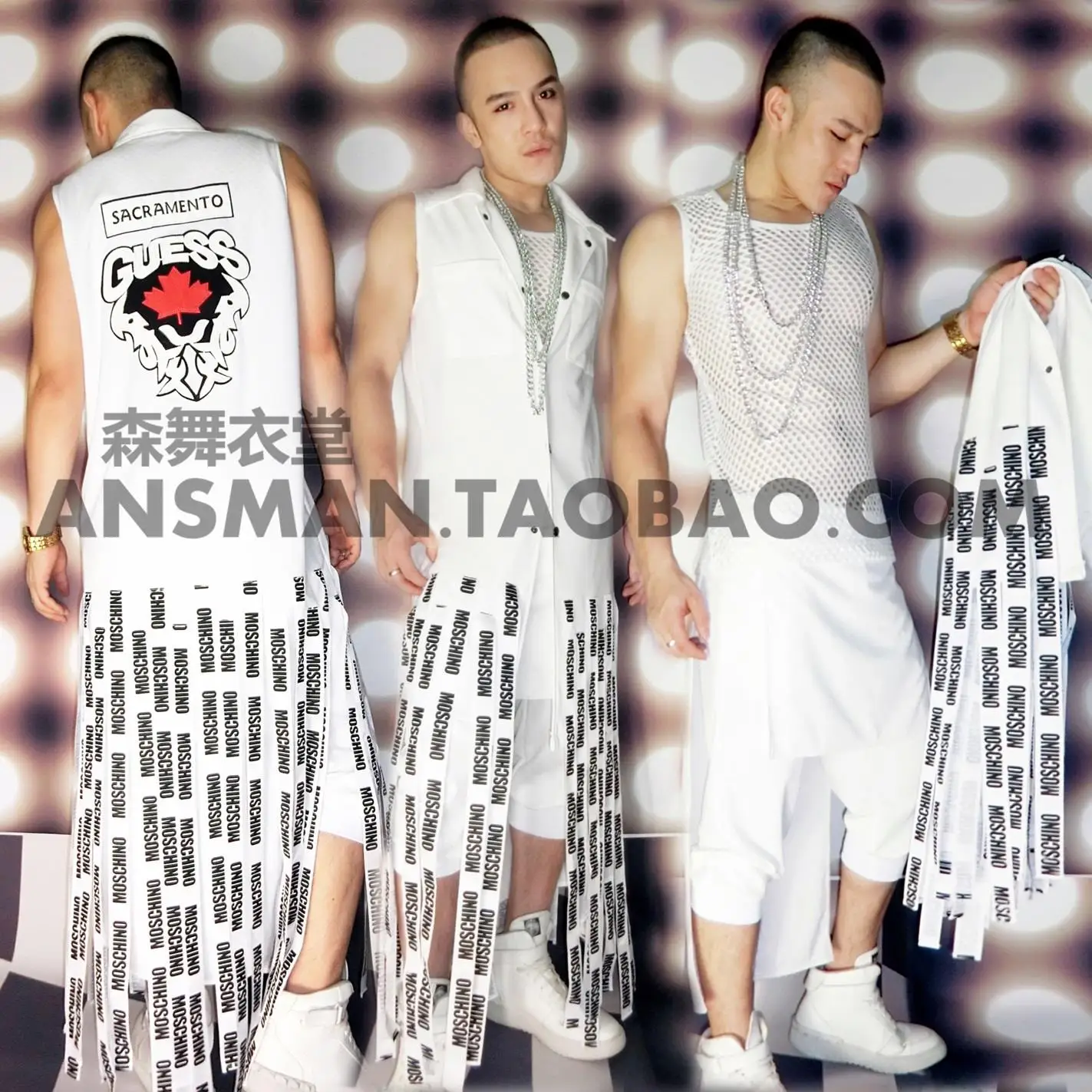 

Nightclub male singer DJ Quan Zhilong with white hip-hop alphabet strap tassels for show party suit costume