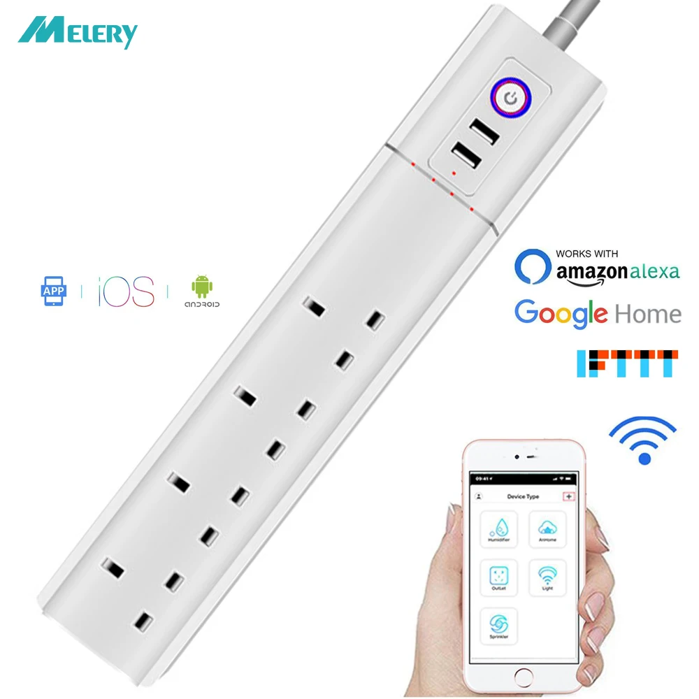 Умная Wi-Fi силовая лента штепсельная розетка стандарта Великобритании с USB стабилизатором напряжения 4 розетки переменного тока дистанционное управление работа с Alexa Google Home Assistant