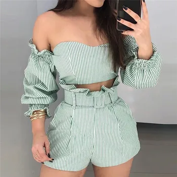 

Women Set Stripe Printing Two-piece Set Sexy Slash Neck Petal Sleeve Top +short Green Contains Chest Pad Present Belt For Ladies