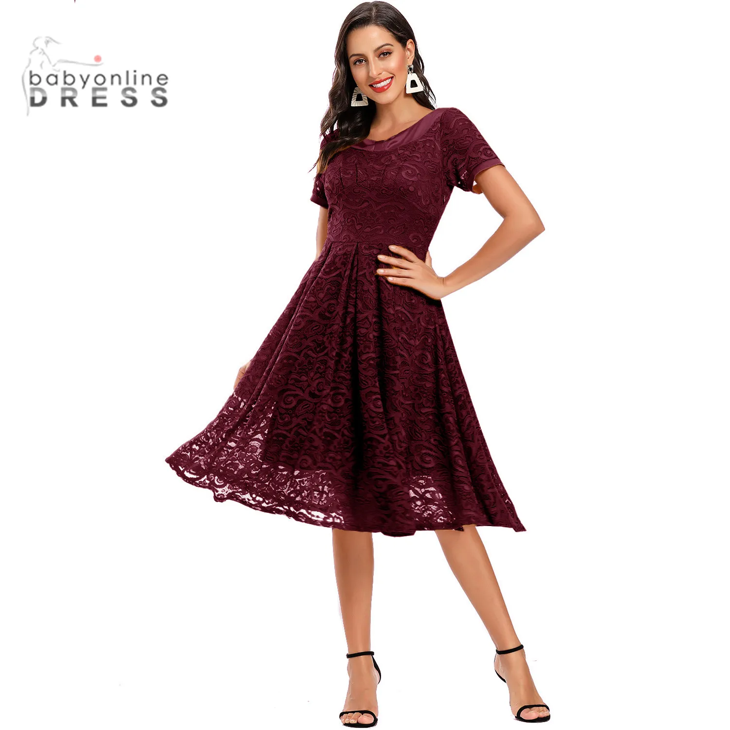 2021 Elegant Lace Evening Dresses Women Oneck Short Sleeve Bow Party