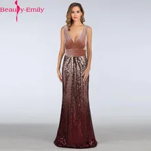 Charming V Neck Sleeveless Mermaid Evening Dresses Fashion Sequins V Back Burgundy Champagne Formal Prom Gowns