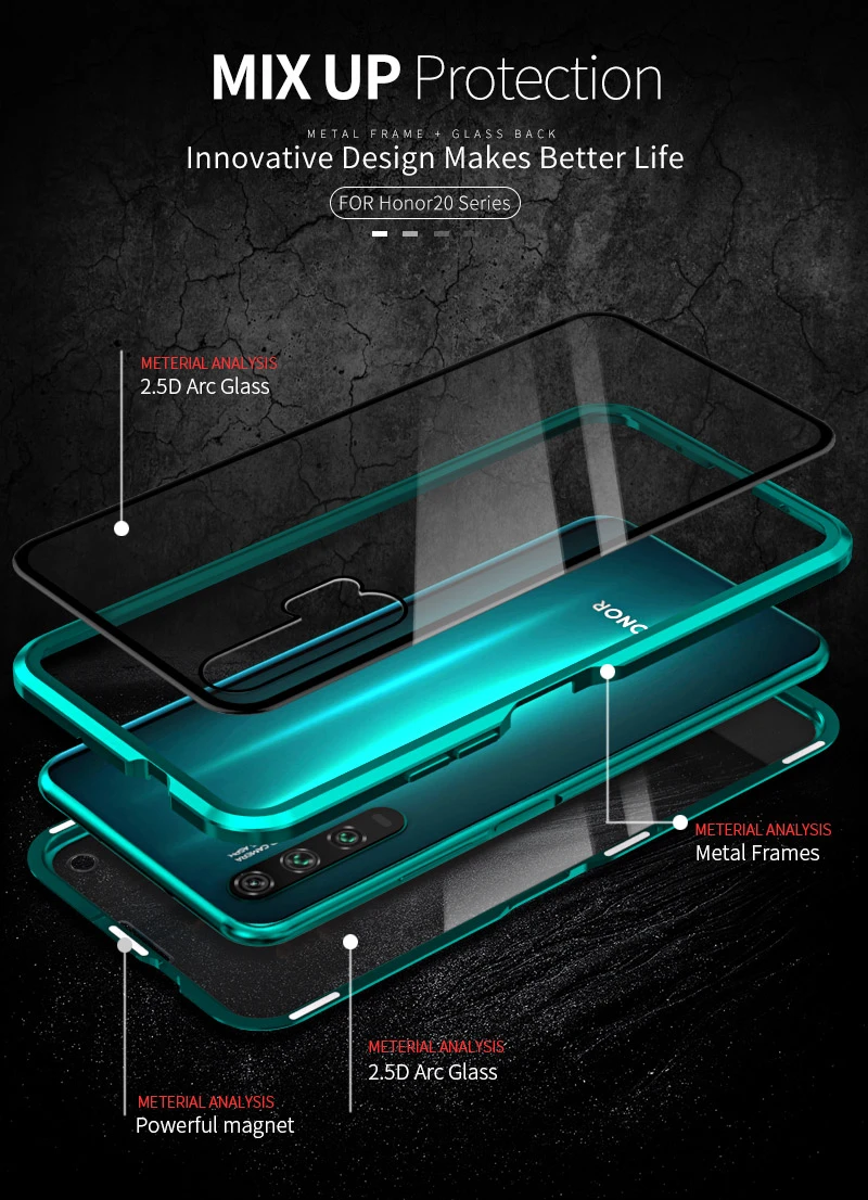 Роскошные магнитные поглощающие металлические флип-Чехлы для huawei Honor 20 20i 20Pro Lite Phone Cover двухсторонняя, для стекла Honor20 Pro i