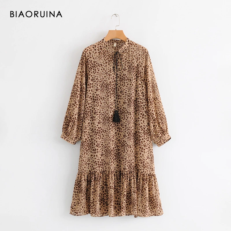 

BIAORUINA Women's Leopard Printing Chiffon Dress Stand Collar Tassels Lantern Sleeve Ladies Fashion Loose Lined Vestidos